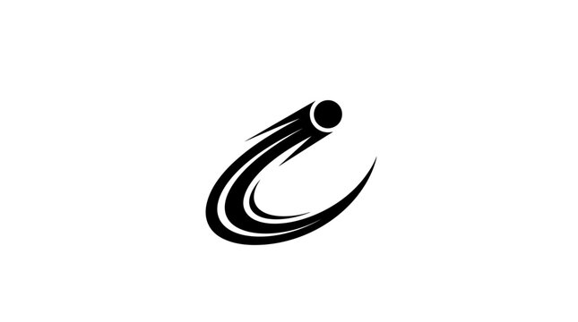 Dynamic stylized black comet or meteor graphic. Abstract fast-moving object icon representing speed, motion, velocity, and impact.