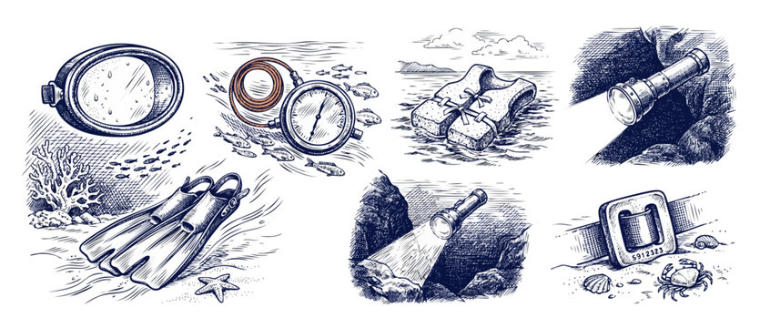 Vintage scuba diving gear sketch set illustrating retro underwater equipment for marine exploration and adventure featuring diving mask, fins, pressure gauge, life vest, flashlight, and weight belt.