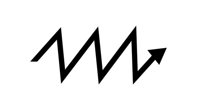 Dynamic black zigzag line with an arrow, symbolizing fluctuating trends, progress, change, graph data, or unstable movement. Minimalist vector.