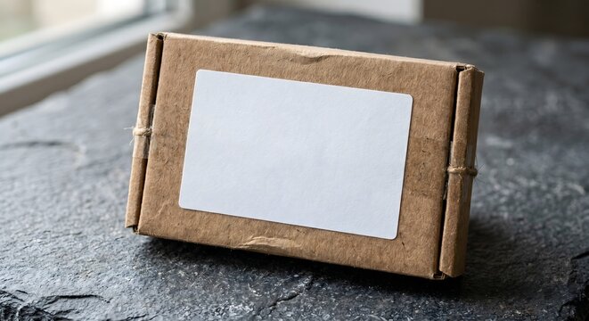 Blank white paper sticker mockup on small brown kraft cardboard box