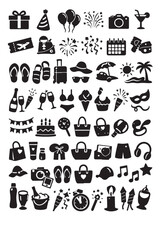 Obraz premium Summer vacation icons, black silhouette symbols, travel and leisure graphics, 40 icon set