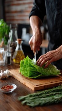 Chef slices cabbage with a mandoline slicer on a wooden board surrounded by cooking ingredients and tools in a kitchen with a dark brick wall