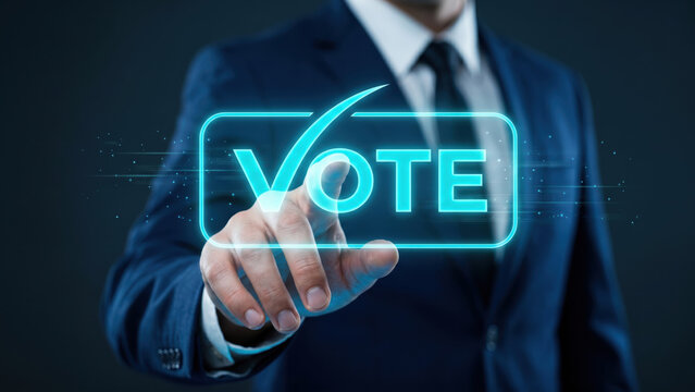 Businessman touching glowing digital vote icon, electronic election casting votes, civic duty