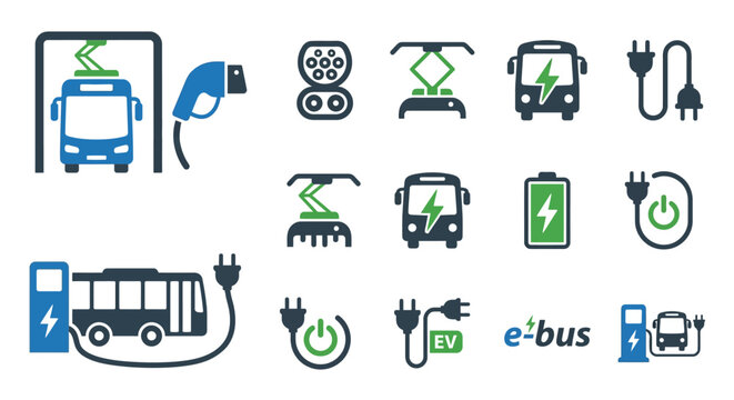 Electric Bus Icons: Charging, Battery, Power Plug, EV Symbol, Eco Transport