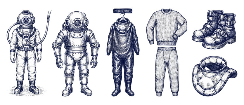 Vintage deep sea diving suit equipment set containing helmets, boots, wool clothing, and heavy gear. Hand-drawn engraving style illustration of historical underwater exploration gear, white background