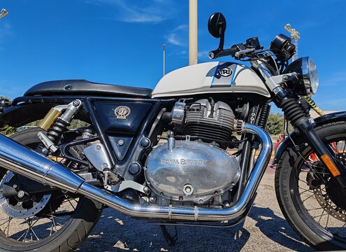 Ostia, Rome, Italy - June 6, 2026, a Royal Enfield motorcycle, one of the oldest motorcycle brands in the world still in operation.