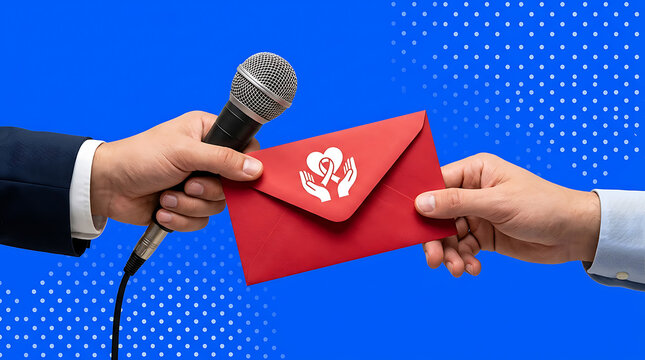 Person handing red envelope with logo during press conference with microphone