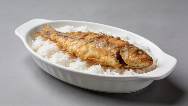 Delicious Safi fish and white rice meal served on a plate, isolated on a grey background, side perspective.