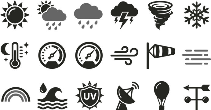 Meteorology and Weather Forecast Solid Glyph Icon Set Featuring Sun Rain Clouds Lightning Storm Tornado Snowflake Thermometer Barometer and Wind Symbols
