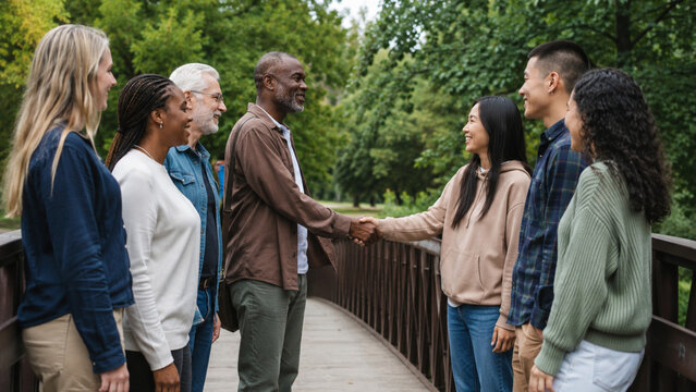 Two community groups meeting on bridge as reconciliation metaphor