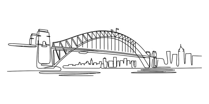 Continuous single line drawing of the sydney harbour bridge and city skyline representing a simple architectural travel landmark sketch in black ink Vector, illustration