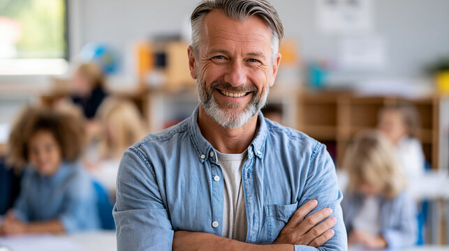 Anonymous middle-aged European man in a classroom with students or preschoolers smiling at the camera, kindergarten teacher concept, faceless, defocused, with copy space