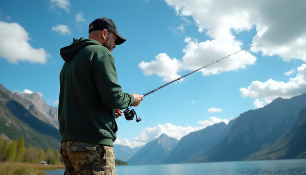 Man fishes from calm lake shore with rod and reel. Rugged mountains rise under blue sky with white clouds. Green trees border water. Leisurely activity.