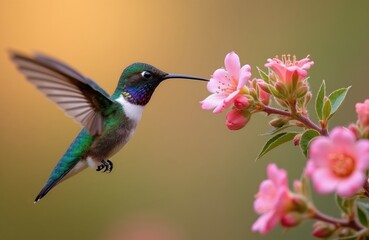 Fototapeta premium Male hummingbird hovers near pink flower blossoms feeding on nectar. Tiny bird with iridescent feathers drinks from plant. Background is soft yellow and green bokeh.