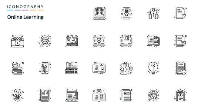 Online Learning Line Icons Set Vector Collection for E-Learning, Education and Digital Training.