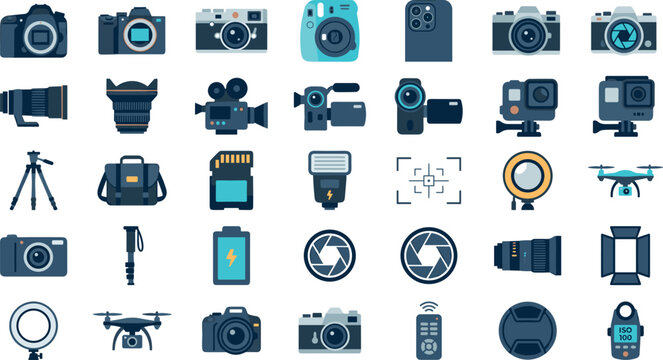 Photography and multimedia production flat vector icon set featuring vintage cameras digital dslr action cams lenses drones and studio gear elements (22 words)