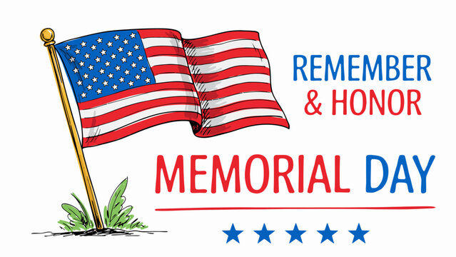 American flag on pole with Memorial Day text and stars on transparent background