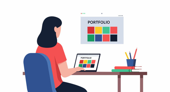 Female Creative Designer Working on Online Digital Portfolio Website with Laptop and Monitor Flat Vector Illustration