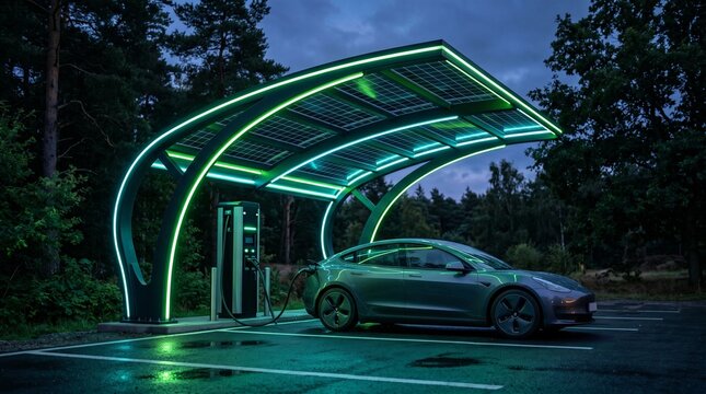 Electric vehicle charging at station with solar panel roof. Modern car powered by renewable energy. Sustainable transportation technology and eco friendly infrastructure concept at night.