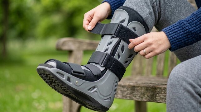 Woman wearing orthopedic boot on injured ankle. Patient securing medical walking brace after foot fracture. Rehabilitation device for leg trauma healing.