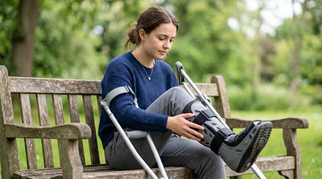 Woman with broken ankle sitting on bench in park. Patient wearing medical walking boot and holding crutch.
