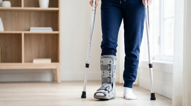 Person with injured ankle standing on crutches at home. Patient recovering with medical orthopedic boot for stability.