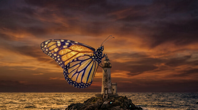 Monarch butterfly rests gently on a lighthouse. Golden hour paints the sky in warm, soft hues. Ocean waves roll softly beyond the rocky base. Butterfly's wings shimmer with intricate