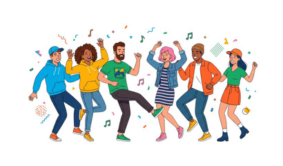 Fototapeta premium Group of Smiling Young Dancers Enjoying Party Vector Illustration