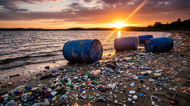 Blue plastic barrels and trash scattered on sandy beach at sunset. Environmental pollution of coast with chemical waste and garbage.