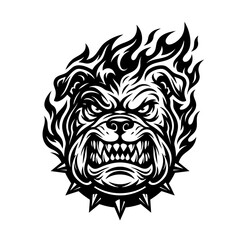 Obraz premium A fierce dog's face surrounded by flames and spikes.