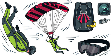 Skydiving and Parachuting Extreme Sport Vector Set with Skydiver Free Falling, Open Canopy Parachute, Altimeter, Backpack Rig, Goggles, and Buckle Icons © RUBINA