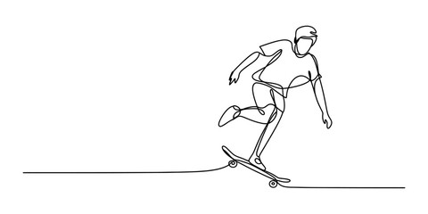 Young man riding a skateboard in a continuous single line drawing style showing active lifestyle and extreme sports movement for creative graphic design projects Vector, illustration © D-Stocker2026