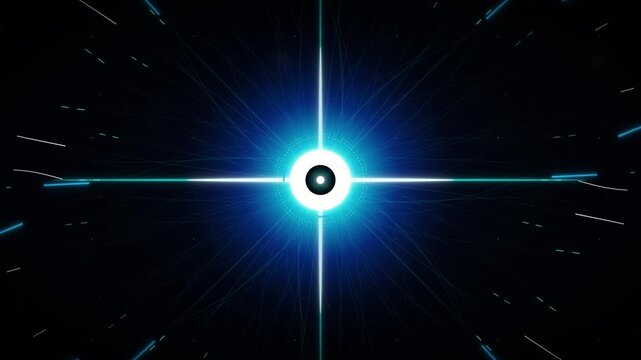 Abstract cybernetic core pulse with radiant blue light rays and digital network connections