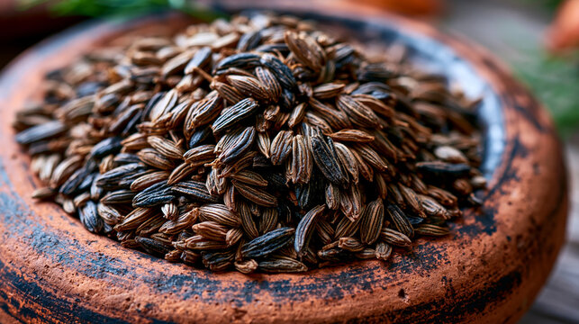 Cumin Cuminum cyminum seed pile mound macro arranged on rough clay ceramic hand-thrown bowl interior surface, ridged aromatic seed texture detail, Middle Eastern North African culinary spice ingredi