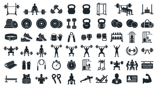 Fitness and Gym Equipment Icons Set for Workout and Strength Training