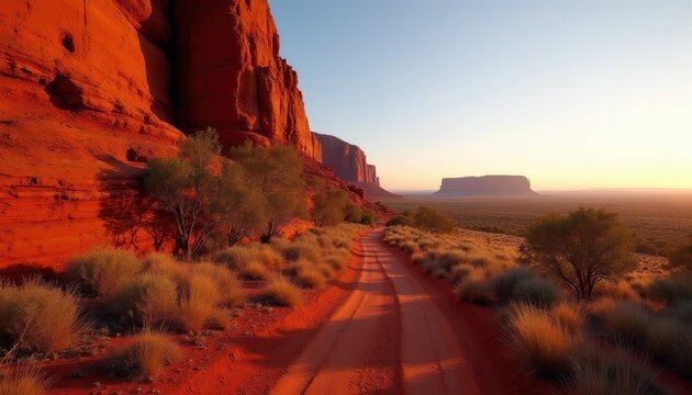Dirt road leads through Australian outback desert landscape. Red rock formations stand tall against a clear sky at sunset. Sparse bushland and dry grass line the remote path.