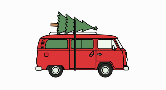 A red van carries a Christmas tree on its roof rack for a holiday road trip.