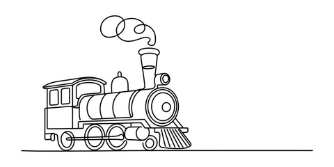 A simple continuous line drawing of a vintage steam locomotive train engine with smoke coming out of the chimney perfect for children coloring book pages Vector, illustration © Kailash Roy