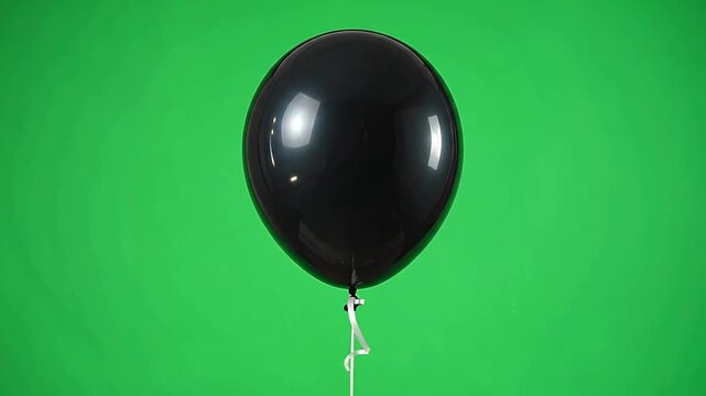 A single glossy black balloon floats against a solid green background