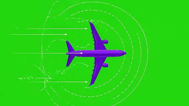 Purple airplane flying with radar waves on green background