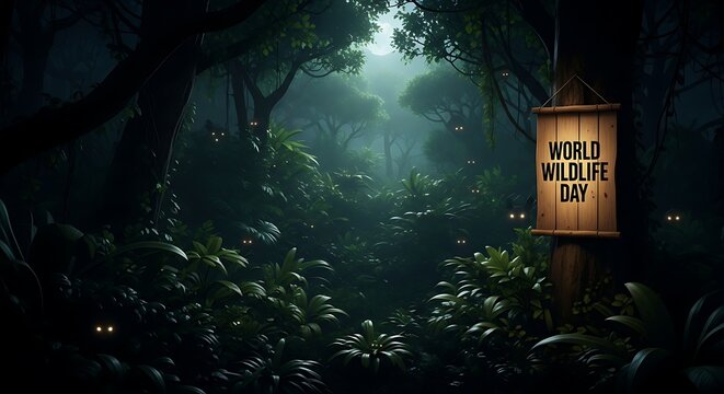 World wildlife day sign in a dark forest with fireflies