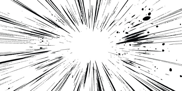Abstract comic book radial speed lines with ink splatters grunge background vector illustration for manga action scenes.
