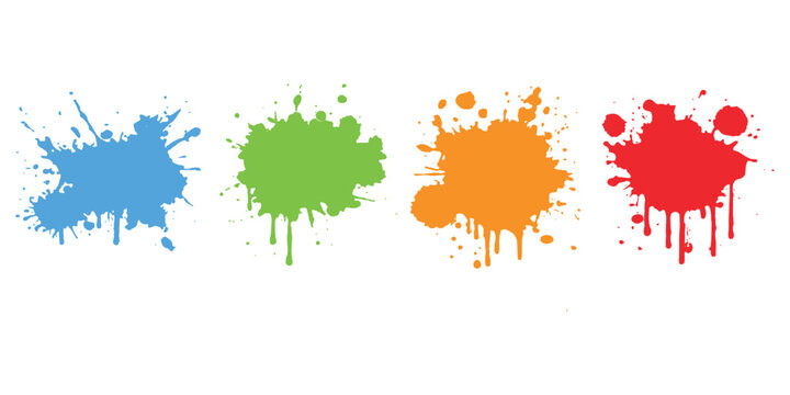 Colorful paint splatter stains and ink splashes in bright blue green, orange and red colors vector illustration.