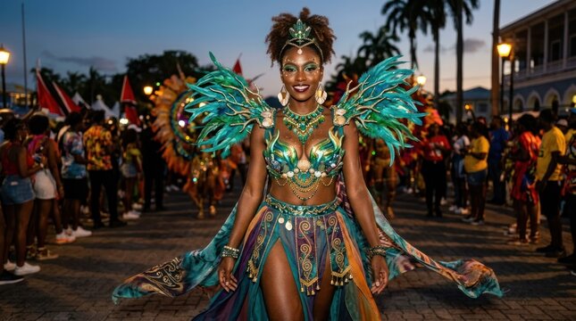 A vibrant Caribbean carnival parade in a city square, featuring colorful costumes and dancers.