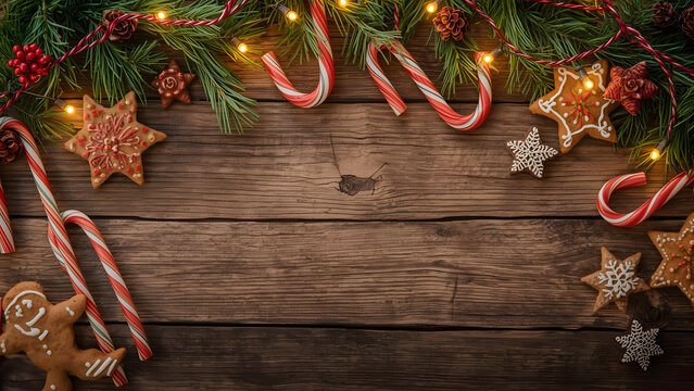 Christmas Festive Decoration with Gingerbread Cookies and Candy Canes on Wooden Background