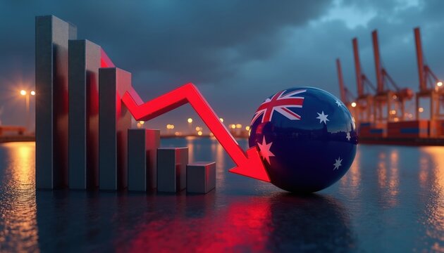 Australia economy decline graph and flag. Red arrow points down, industrial port at night. Negative business trend, trade deficit worries, market crash concern, financial crisis.