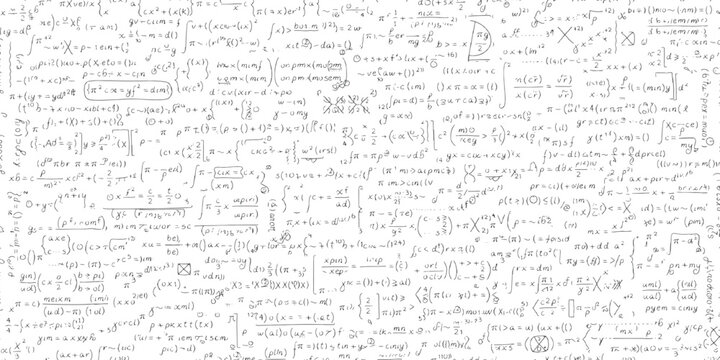 Complex mathematical formulas and integral calculus equations hand drawn doodle pattern text background vector illustration.