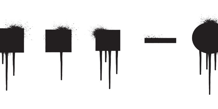 Black spray paint drip shapes and stencil splatters with dripping liquid graffiti style vector illustration.