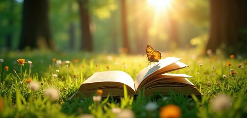 Obraz premium Open book rests on green grass in sunny forest. Small butterfly lands on page. Wildflowers bloom around. Golden sun rays shine through trees.