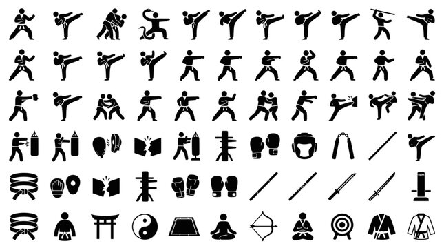 Martial Arts Icons: Karate, Judo, Taekwondo, and Combat Sports Vector Set